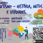 #para todos verem. Convite em tons de cinza de uma paisagem. Na parte superior, em azul: seminário: autismo, história, mitos e verdades. Abaixo, também em azul, 22 de fevereiro de 2024, das 09h00 às 12h00. Ministrante: Taísa Luana Rueckert. Ao lado, a Logo (coração laranja, com árvores dentro) do Instituto Campos Verdejantes. Abaixo, em azul, local: Inst Luter. Campos Verdejantes - Rua Walter Weege, s. N., Centro, Campo alegre. Ao lado, uma mulher e um homem montam um quebra-cabeça colorido, do cérebro humano. O QR Você para inscrição está ao lado e, abaixo inscreva-se, com a imagem de um celular.